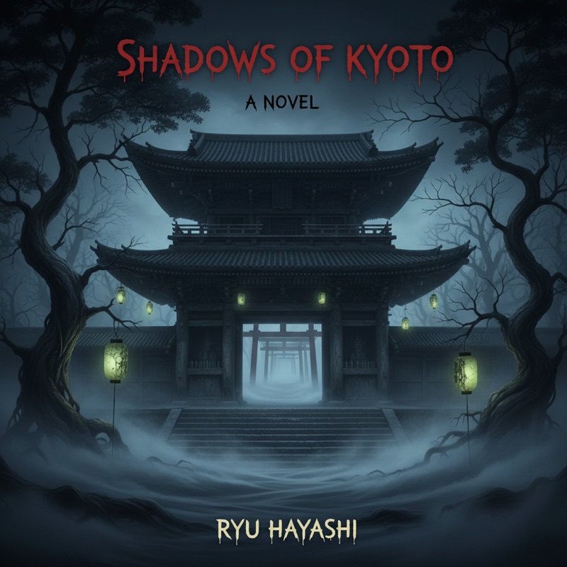 Shadows of Kyoto book cover — eerie Japanese temple at night