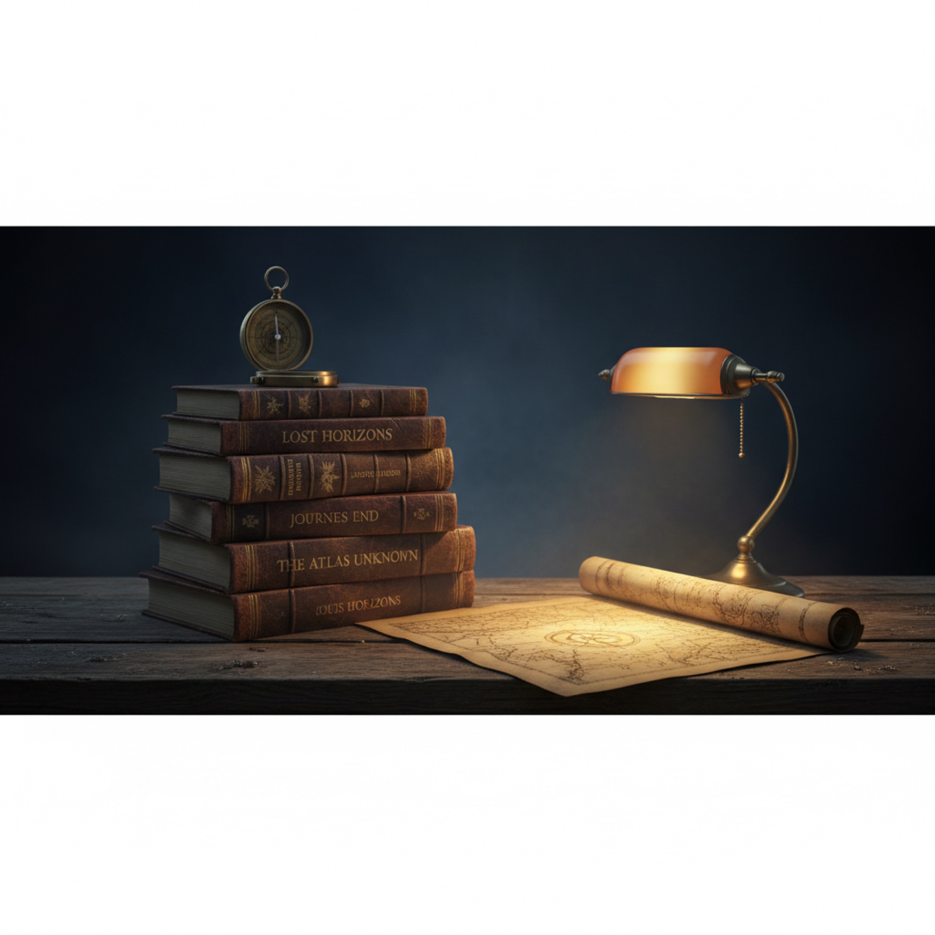 Vintage travel books and compass on a dark wooden table with golden light